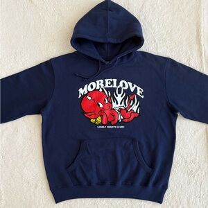 Men’s Lonely Hearts Club Hoodie, More Love, Dark Blue, NEW